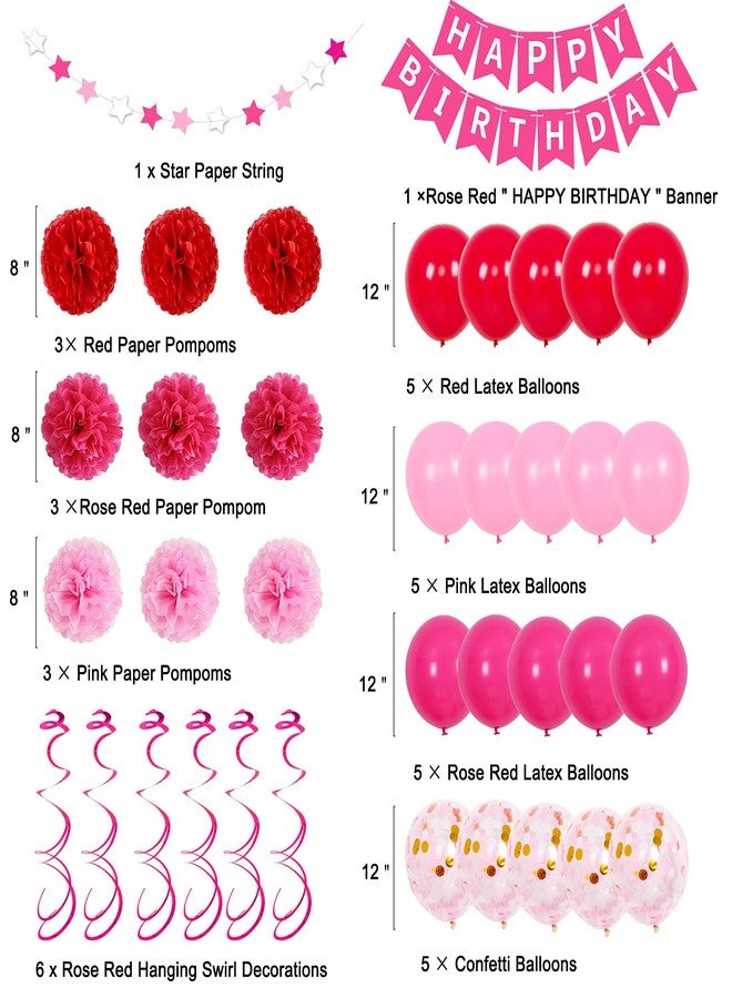 Coosilion Hot Pink Birthday Decorations, Birthday Decorations for Women Girls with HAPPY BIRTHDAY Banner Rose Red Balloons for 1st 3rd 13th 16th 18th 21st 30th 40th 50th, Valentines Day Decor for Girls Women - Image 3